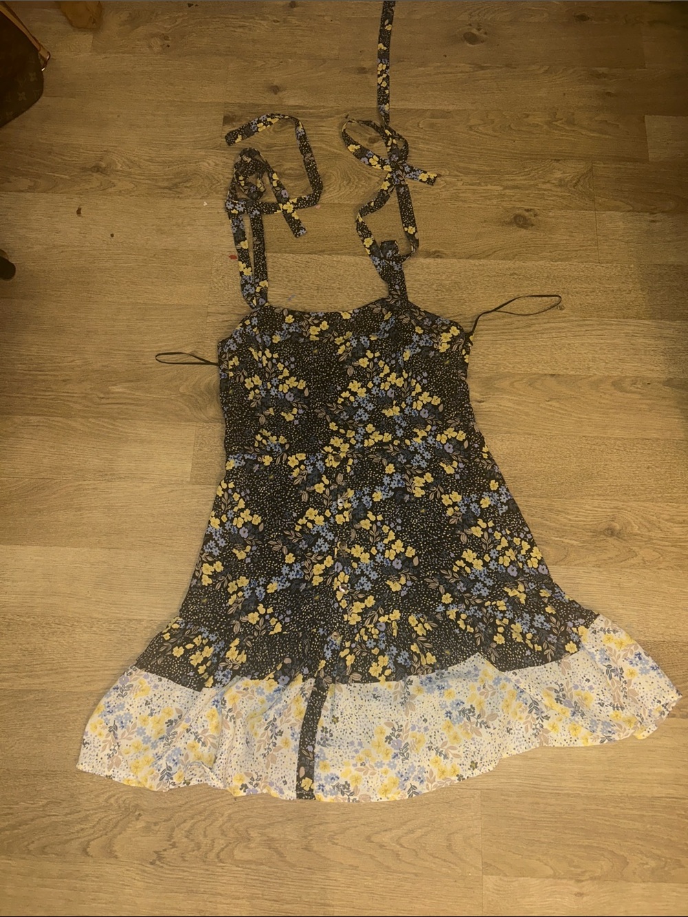 Floral Tie-Shoulder Sundress - Blue with Yellow & Blue Flowers